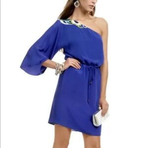 Trina Turk Santa Cruz Silk Sun Dress One Shoulder Embroidered Blue Size L / XL
